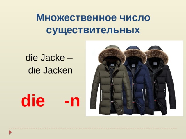 Множественное число существительных die Jacke – die Jacken die -n  
