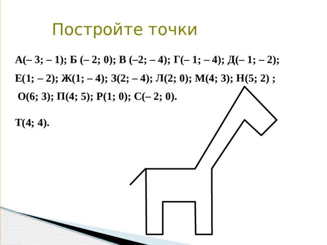Постройте точки А(– 3; – 1); Б (– 2; 0); В (–2; – 4); Г(– 1; – 4); Д(– 1; – 2); Е(1; – 2); Ж(1; – 4); З(2; – 4); Л(2; 0); М(4; 3); Н(5; 2) ;  О(6; 3); П(4; 5); Р(1; 0); С(– 2; 0).  Т(4; 4). 