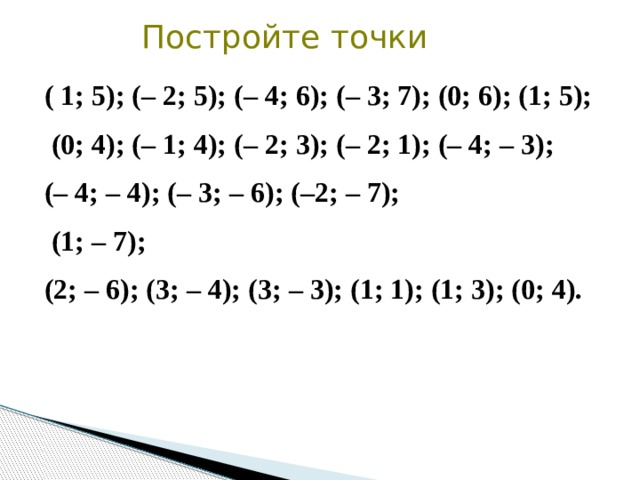 Постройте точки ( 1; 5); (– 2; 5); (– 4; 6); (– 3; 7); (0; 6); (1; 5);  (0; 4); (– 1; 4); (– 2; 3); (– 2; 1); (– 4; – 3); (– 4; – 4); (– 3; – 6); (–2; – 7);  (1; – 7); (2; – 6); (3; – 4); (3; – 3); (1; 1); (1; 3); (0; 4). 
