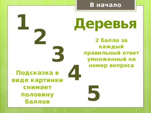 В начало 1 Деревья 2 2 балла за каждый правильный ответ умноженный на номер вопроса 3 4 Подсказка в виде картинки снимает половину баллов 5 