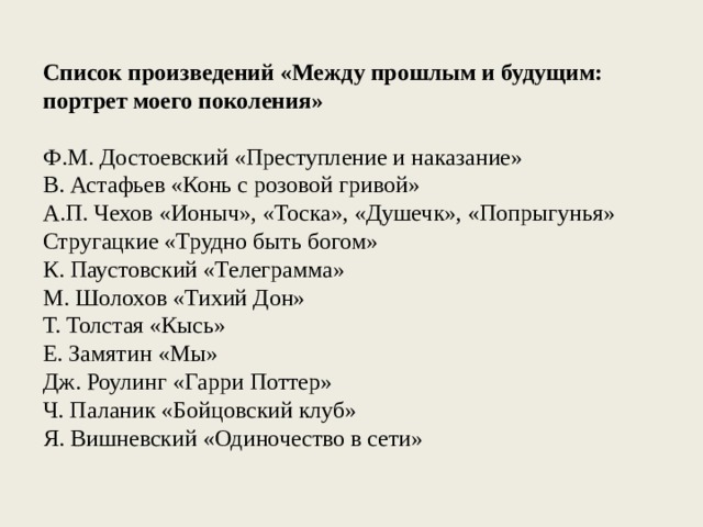 Список произведений «Между прошлым и будущим: портрет моего поколения» Ф.М. Достоевский «Преступление и наказание» В. Астафьев «Конь с розовой гривой» А.П. Чехов «Ионыч», «Тоска», «Душечк», «Попрыгунья» Стругацкие «Трудно быть богом» К. Паустовский «Телеграмма» М. Шолохов «Тихий Дон» Т. Толстая «Кысь» Е. Замятин «Мы» Дж. Роулинг «Гарри Поттер» Ч. Паланик «Бойцовский клуб» Я. Вишневский «Одиночество в сети» 