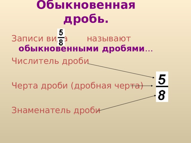 Обыкновенная дробь. Записи вида называют обыкновенными дробями … Числитель дроби Черта дроби (дробная черта) Знаменатель дроби 