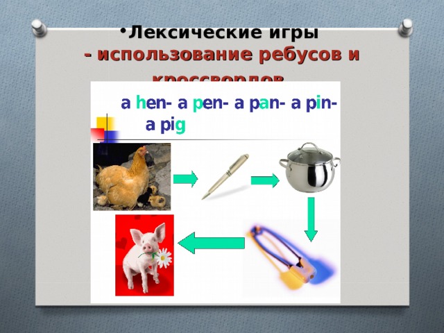 Лексические игры   - использование ребусов и кроссвордов . 