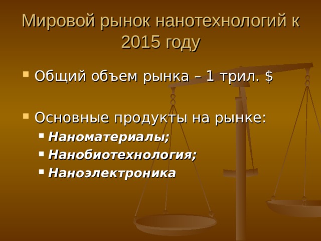 Мировой рынок нанотехнологий к 2015 году Общий объем рынка – 1 трил. $  Основные продукты на рынке: Наноматериалы; Нанобиотехнология; Наноэлектроника Наноматериалы; Нанобиотехнология; Наноэлектроника 