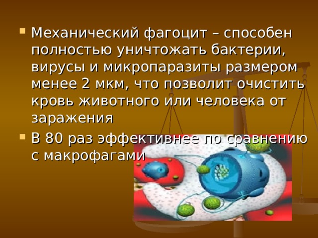 Механический фагоцит – способен полностью уничтожать бактерии, вирусы и микропаразиты размером менее 2 мкм, что позволит очистить кровь животного или человека от заражения В 80 раз эффективнее по сравнению с макрофагами 