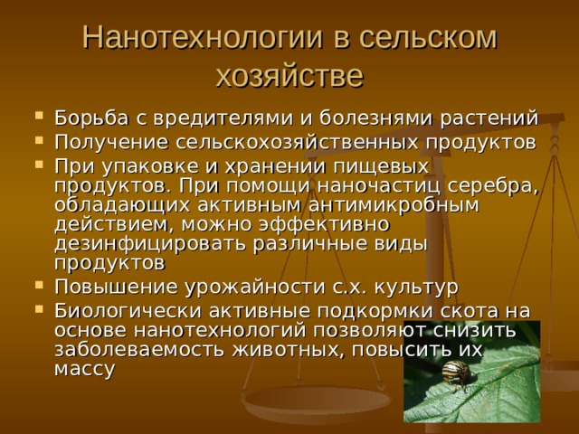 Нанотехнологии в сельском хозяйстве Борьба с вредителями и болезнями растений Получение сельскохозяйственных продуктов П ри упаковке и хранении пищевых продуктов. При помощи наночастиц серебра, обладающих активным антимикробным действием, можно эффективно дезинфицировать различные виды продуктов Повышение урожайности с.х. культур Биологически активные подкормки скота на основе нанотехнологий позволяют снизить заболеваемость животных, повысить их массу 