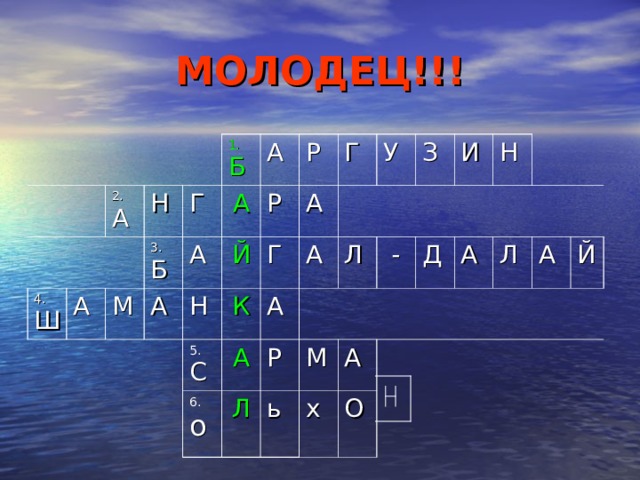 МОЛОДЕЦ!!! 4. Ш 2. А А Н 3. Б 1. Б Г М А А А А Р Й Р Н 5. С Г Г А К У А А 6. о А Л Л З Р И  - М ь А Н х Д А О Л А Й 