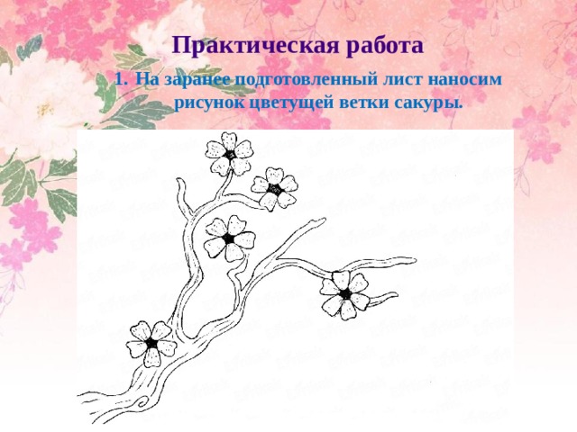 Практическая работа На заранее подготовленный лист наносим рисунок цветущей ветки сакуры.  