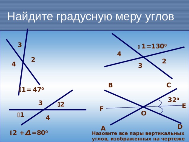 Найдите градусную меру углов 3   1=130 0 4 2 2 4 3 C B  1=  47 0 32 0 А верно ли обратное утверждение? 3  2  E F O  1 4 D A  2 +  1 =80 0 Назовите все пары вертикальных углов, изображенных на чертеже  