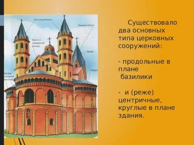  Существовало два основных типа церковных сооружений:   - продольные в плане  базилики   - и (реже) центричные, круглые в плане здания. 