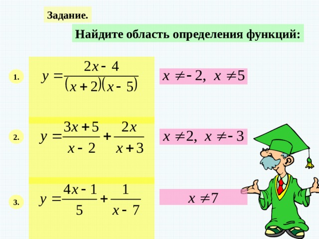 Задание. Найдите область определения функций:     1.     2.     3. 