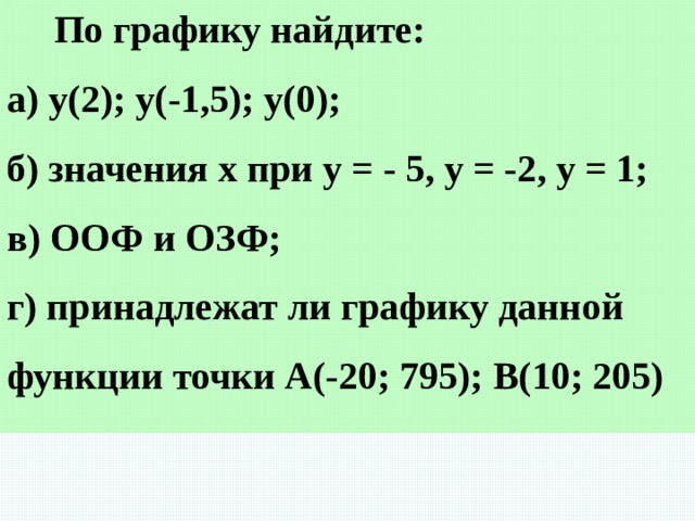  По графику найдите: а) у(2); у(-1,5); у(0); б) значения х при у = - 5, у = -2, у = 1; в) ООФ и ОЗФ; г) принадлежат ли графику данной функции точки А(-20; 795); В(10; 205)  