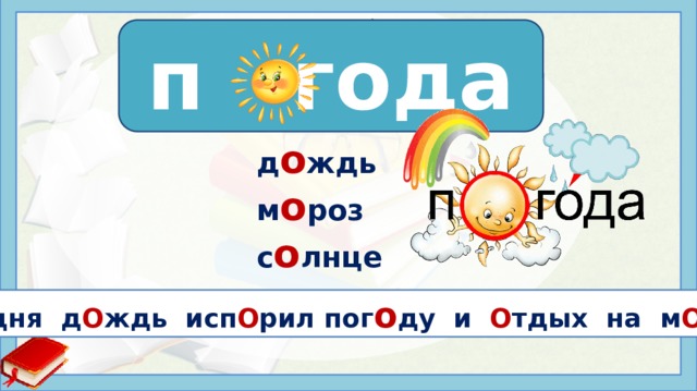 п года п о года д o ждь м o poз c o лнцe Слово  “погода”  является существительным, которое имеет следующее значение: состояние нижнего слоя атмосферы в определённом месте в определённый момент. погод – корень а – окончание https://russkiypro.ru/pogoda-proverochnoe-slovo/ https://slova.textologia.ru/definit/pogoda/?q=657&n=2337 https://ds05.infourok.ru/uploads/ex/131d/00108ddc-67ea3a74/hello_html_5562ceb2.png Сег О дня д О ждь исп О рил пог о ду и О тдых на м О ре.  