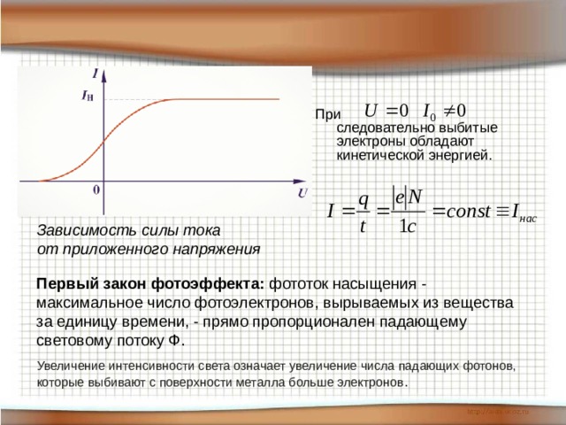 При  следовательно выбитые электроны обладают кинетической энергией. Зависимость силы тока от приложенного напряжения Первый закон фотоэффекта:  фототок насыщения - максимальное число фотоэлектронов, вырываемых из вещества за единицу времени, - прямо пропорционален падающему световому потоку Ф. Увеличение интенсивности света означает увеличение числа падающих фотонов, которые выбивают с поверхности металла больше электронов . 