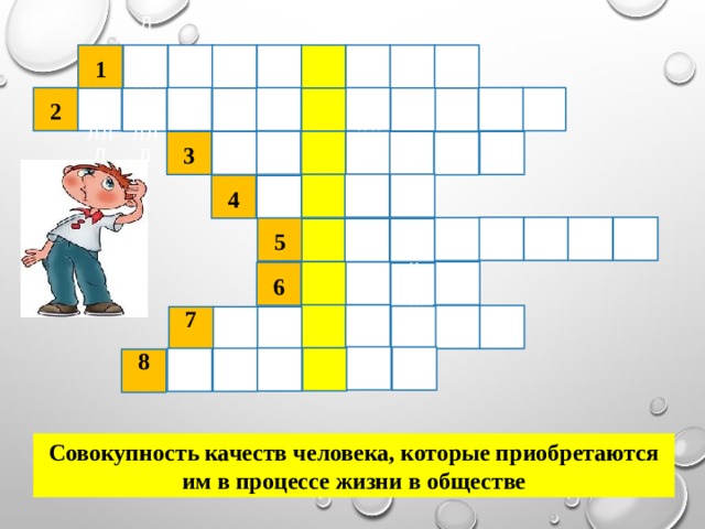 Л 1 ЛЛЛ Л Л 2 ЛЛЛ ЛЛЛ ЛЛЛ  3  4  5 Л Л  6 Л ЛЛЛ Л 7 8 Совокупность качеств человека, которые приобретаются им в процессе жизни в обществе 