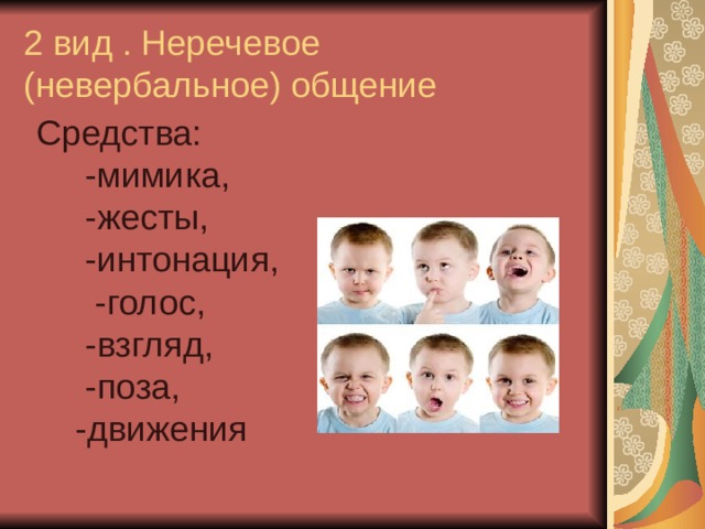2 вид . Неречевое (невербальное) общение Средства:  -мимика,  -жесты,  -интонация,  -голос,  -взгляд,  -поза,  -движения 