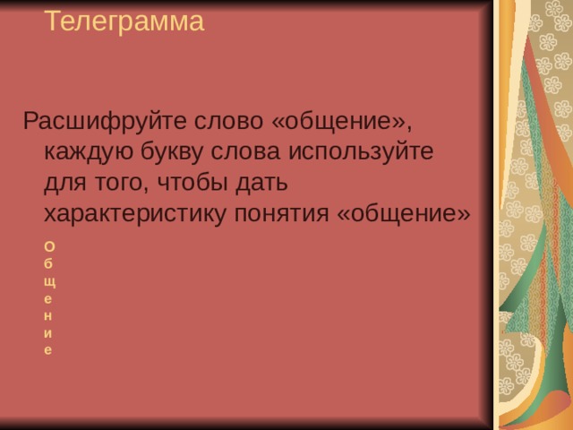 Телеграмма   Расшифруйте слово «общение», каждую букву слова используйте для того, чтобы дать характеристику понятия «общение» О  б  щ  е  н  и  е 