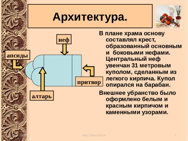 Архитектура. В плане храма основу составлял крест, образованный основным и боковыми нефами. Центральный неф увенчан 31 метровым куполом, сделанным из легкого кирпича. Купол опирался на барабан. Внешнее убранство было оформлено белым и красным кирпичом и каменными узорами.  неф апсиды притвор алтарь 