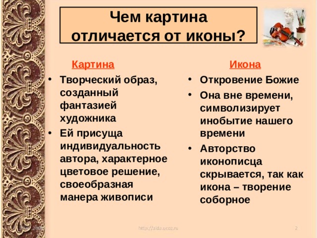 Чем картина отличается от иконы?  Картина  Икона Творческий образ, созданный фантазией художника Ей присуща индивидуальность автора, характерное цветовое решение, своеобразная манера живописи Откровение Божие Она вне времени, символизирует инобытие нашего времени Авторство иконописца скрывается, так как икона – творение соборное 
