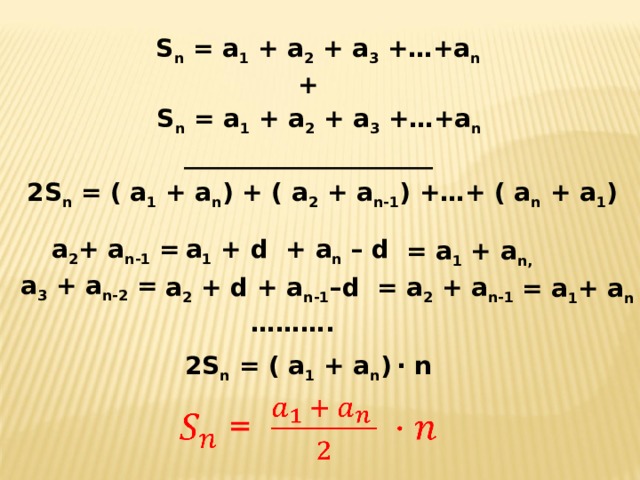 S n = а 1 + а 2 + а 3 +…+а n + S n = а 1 + а 2 + а 3 +…+а n ____________________ 2 S n = ( а 1 + а n ) + ( а 2 + а n -1 ) +…+ ( а n + а 1 )  а 2 + а n -1 = а 1 + d  + a n – d  = а 1 + a n , а 3 + а n-2 = a 2 + d + a n-1 –d = a 2 + a n-1  = a 1 +  a n ……… .   2S n = ( a 1 + а n )  ·  n 
