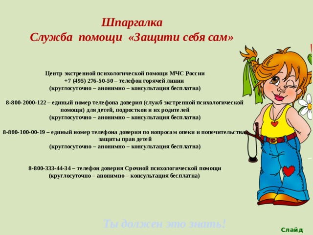 Шпаргалка Служба помощи «Защити себя сам»    Центр экстренной психологической помощи МЧС России +7 (495) 276-50-50 – телефон горячей линии (круглосуточно – анонимно – консультация бесплатна)  8-800-2000-122 – единый номер телефона доверия (служб экстренной психологической помощи) для детей, подростков и их родителей (круглосуточно – анонимно – консультация бесплатна)  8-800-100-00-19 – единый номер телефона доверия по вопросам опеки и попечительства, защиты прав детей (круглосуточно – анонимно – консультация бесплатна)   8-800-333-44-34 – телефон доверия Срочной психологической помощи (круглосуточно – анонимно – консультация бесплатна)   Ты должен это знать! Слайд 20 