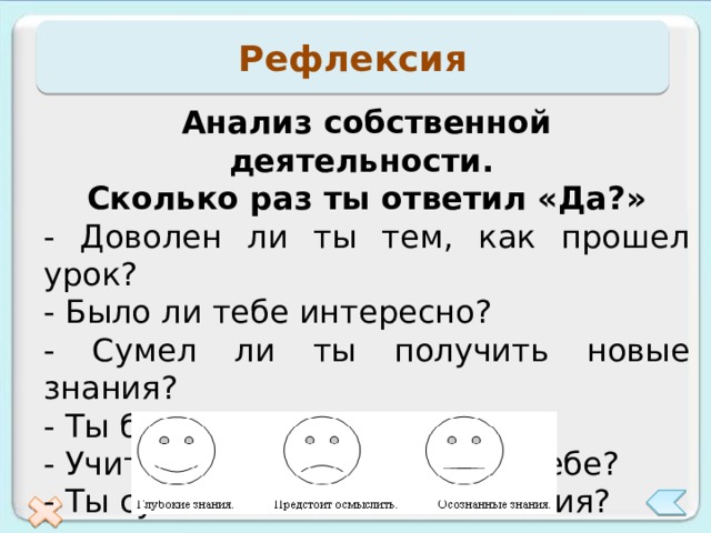 Рефлексия Анализ собственной деятельности. Сколько раз ты ответил «Да?» - Доволен ли ты тем, как прошел урок? - Было ли тебе интересно? - Сумел ли ты получить новые знания? - Ты был активен на уроке? - Учитель был внимателен к тебе? - Ты сумел показать свои знания? 