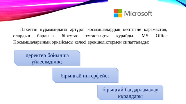 Пакеттің құрамындағы әртүрлі қосымшалардың көптігіне қарамастан, олардың барлығы біртұтас тұтастықты құрайды. MS Office Қосымшаларының әрқайсысы келесі ерекшеліктермен сипатталады: деректер бойынша үйлесімділік; бірыңғай интерфейс; бірыңғай бағдарламалау құралдары 