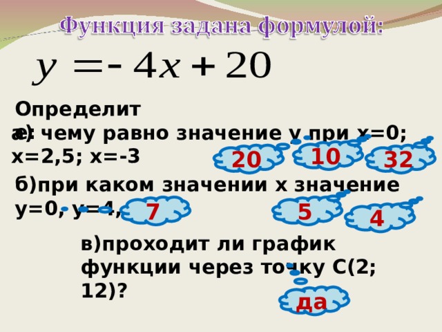 Определите:  а) чему равно значение у при х=0; х=2,5; х=-3 10 20 32 б)при каком значении х значение у=0, у=4, у=-8 5 7 4 в)проходит ли график функции через точку С(2; 12)? да 