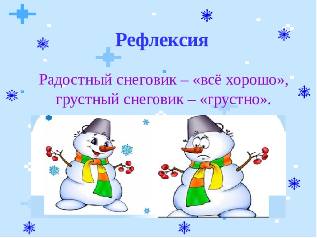Рефлексия   Радостный снеговик – «всё хорошо», грустный снеговик – «грустно».