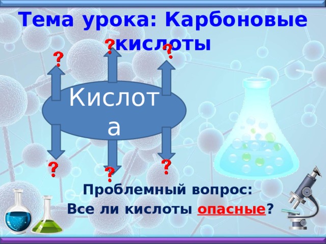 Тема урока: Карбоновые кислоты Кислота   Проблемный вопрос:  Все ли кислоты опасные ? 