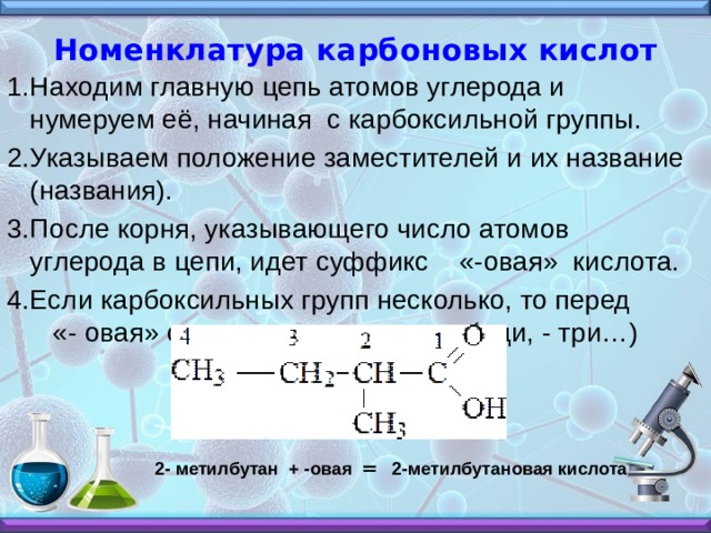 Номенклатура карбоновых кислот   Находим главную цепь атомов углерода и нумеруем её, начиная с карбоксильной группы. Указываем положение заместителей и их название (названия). После корня, указывающего число атомов углерода в цепи, идет суффикс «-овая» кислота. Если карбоксильных групп несколько, то перед «- овая» ставится числительное ( -ди, - три…)  2- метилбутан + -овая = 2-метилбутановая кислота 