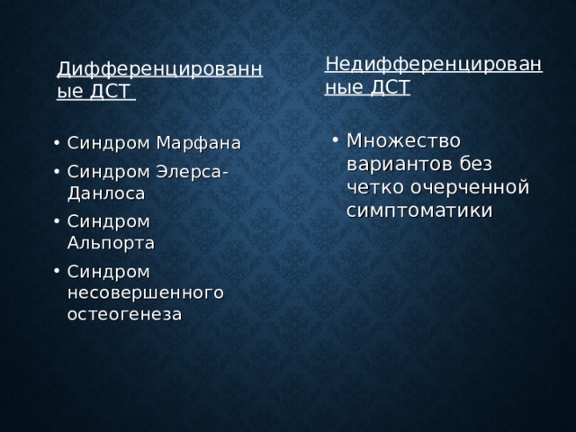 Недифференцированные ДСТ Дифференцированные ДСТ Множество вариантов без четко очерченной симптоматики Синдром Марфана Синдром Элерса-Данлоса Синдром Альпорта Синдром несовершенного остеогенеза  