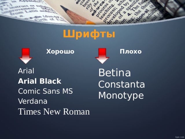 Шрифты  Плохо  Хорошо Betina Аrial Constanta Arial Black Monotype Comic Sans MS Verdana Times New Roman  