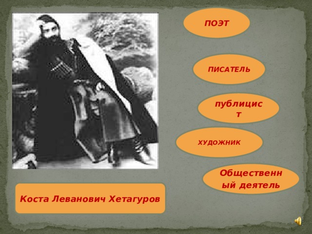 ПОЭТ ПИСАТЕЛЬ публицист ХУДОЖНИК Общественный  деятель Коста Леванович Хетагуров 