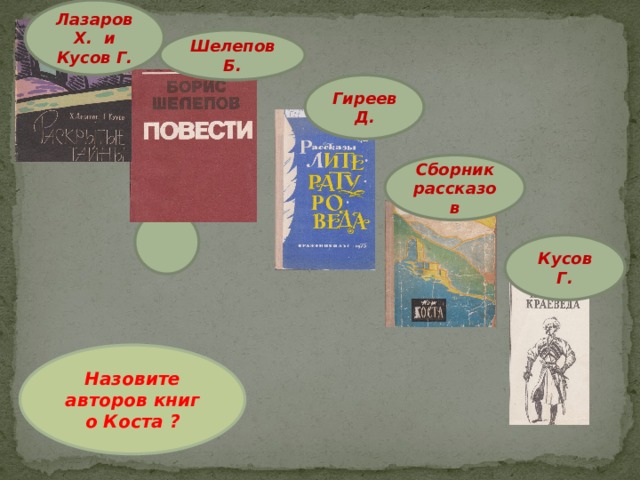 Лазаров Х. и Кусов Г. Шелепов Б. Гиреев Д. Сборник рассказов Кусов Г. Назовите авторов книг о Коста ? 