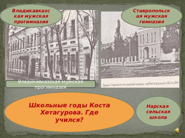 Владикавказская мужская прогимназия Ставропольская мужская гимназия Владикавказская мужская прогимназия Школьные годы Коста Хетагурова. Где учился? Нарская сельская школа 