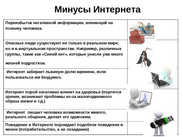 Минусы Интернета Переизбыток негативной информации, влияющей на психику человека. Опасные люди существуют не только в реальном мире, но и в виртуальном пространстве. Например, различные группы, такие как «Синий кит», которые унесли уже много жизней подростков.   Интернет забирает львиную долю времени, если пользоваться им бездумно. Интернет порой негативно влияет на здоровье (портится зрение, возникают проблемы из-за малоподвижного образа жизни и т.д.)  Интернет лишает человека возможности живого, реального общения, делает его одиноким. Поведение в Интернете порождает подобное поведение в жизни (потребительство, а не созидание) 