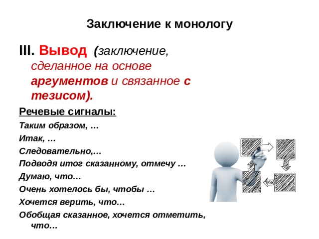 Заключение к монологу III . Вывод ( заключение, сделанное на основе аргументов и связанное с тезисом). Речевые сигналы: Таким образом, … Итак, … Следовательно,… Подводя итог сказанному, отмечу … Думаю, что… Очень хотелось бы, чтобы … Хочется верить, что… Обобщая сказанное, хочется  отметить, что… 