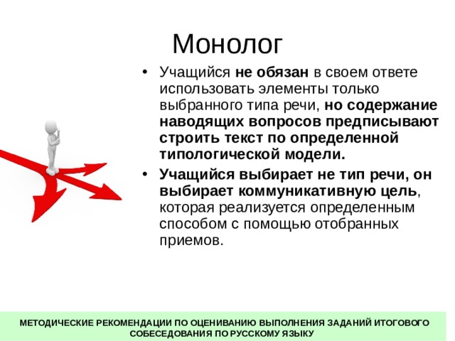 Монолог Учащийся не обязан в своем ответе использовать элементы только выбранного типа речи, но содержание наводящих вопросов предписывают строить текст по определенной типологической модели.  Учащийся выбирает не тип речи, он выбирает коммуникативную цель , которая реализуется определенным способом с помощью отобранных приемов.  МЕТОДИЧЕСКИЕ РЕКОМЕНДАЦИИ ПО ОЦЕНИВАНИЮ ВЫПОЛНЕНИЯ ЗАДАНИЙ ИТОГОВОГО СОБЕСЕДОВАНИЯ ПО РУССКОМУ ЯЗЫКУ 