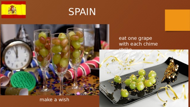 SPAIN eat one grape with each chime strike make a wish 