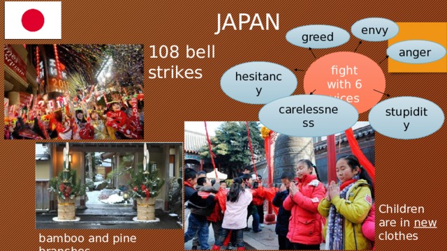 JAPAN envy greed 108 bell strikes anger fight with 6 vices hesitancy carelessness stupidity Children are in new clothes bamboo and pine branches 