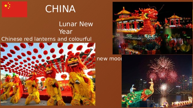 CHINA Lunar New Year Chinese red lanterns and colourful dragons new moon 