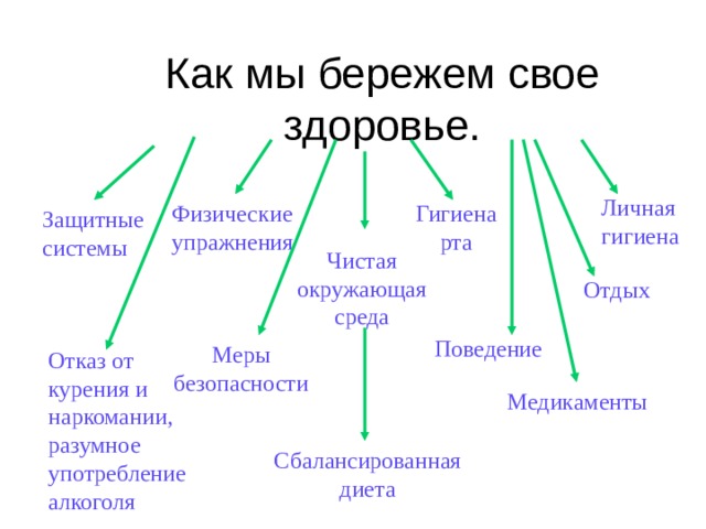 Личная гигиена Физические упражнения Гигиена рта Защитные системы Чистая окружающая среда Отдых Поведение Меры безопасности Отказ от курения и наркомании, разумное употребление алкоголя Медикаменты Сбалансированная диета 