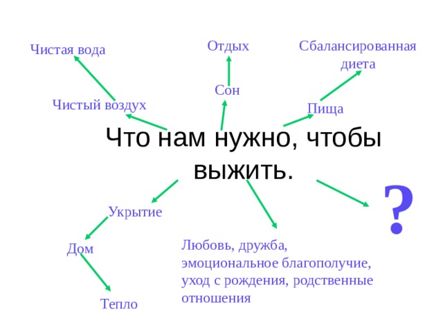 Сбалансированная диета Отдых Чистая вода Сон Чистый воздух Пища ? Укрытие Любовь, дружба, эмоциональное благополучие, уход с рождения, родственные отношения Дом Тепло 