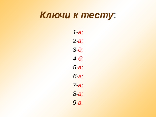 Ключи к тесту : 1- а; 2- в; 3- д; 4- б; 5- в; 6- г; 7- а; 8- а; 9- в. 