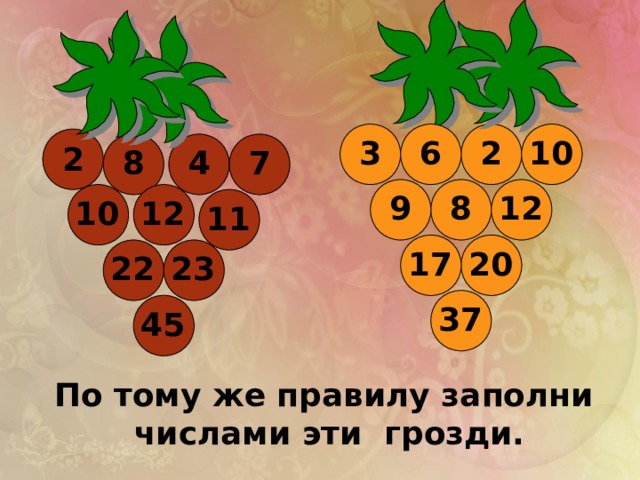    2 6 3 10     2 4 8 7    8   12 9 10 12  11   17 20   22 23   37 45 По тому же правилу заполни числами эти грозди. 