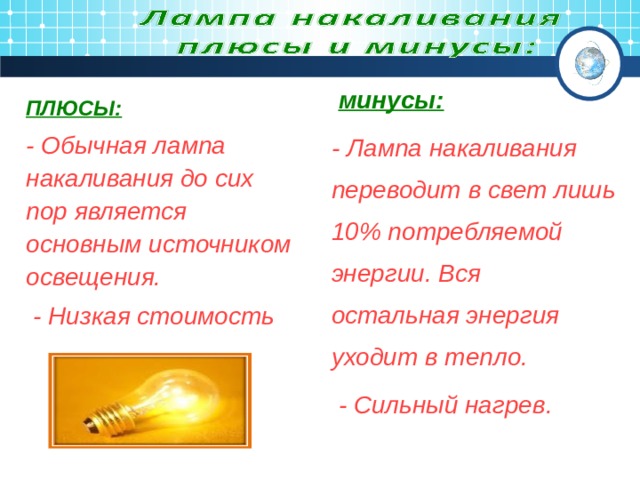  минусы: - Лампа накаливания переводит в свет лишь 10 % потребляемой энергии. Вся остальная энергия уходит в тепло.  - Сильный нагрев. ПЛЮСЫ: - Обычная лампа накаливания до сих пор является основным источником освещения.  - Низкая стоимость 