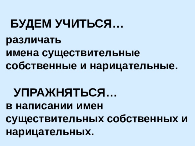 БУДЕМ УЧИТЬСЯ… различать имена существительные собственные и нарицательные. УПРАЖНЯТЬСЯ… в написании имен существительных собственных и нарицательных.