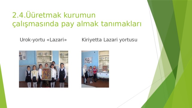 2.4.Üüretmak kurumun çalışmasında pay almak tanımakları  Urok-yortu «Lazari» Kiriyetta Lazari yortusu 