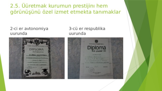 2.5. Üüretmak kurumun prestijinı hem görünüşünü özel izmet etmekta tanımaklar 2-ci er avtonomiya uurunda 3-cü er respublika uurunda 